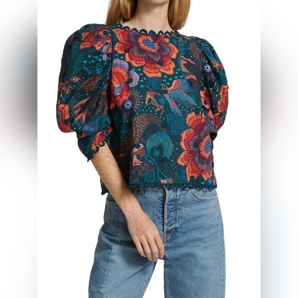 FARM Rio River Creature Puff-Sleeve Blouse - sz. XS